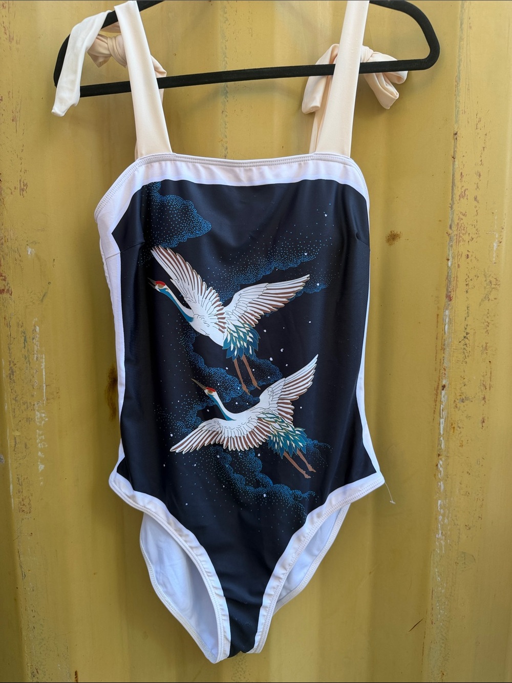 Navy Crane-Print One-Piece Swimsuit with White Trim